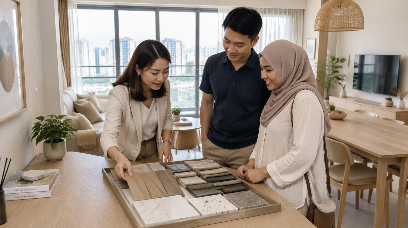 Interior designer showing renovation material samples to a couple in a bright Singapore living room