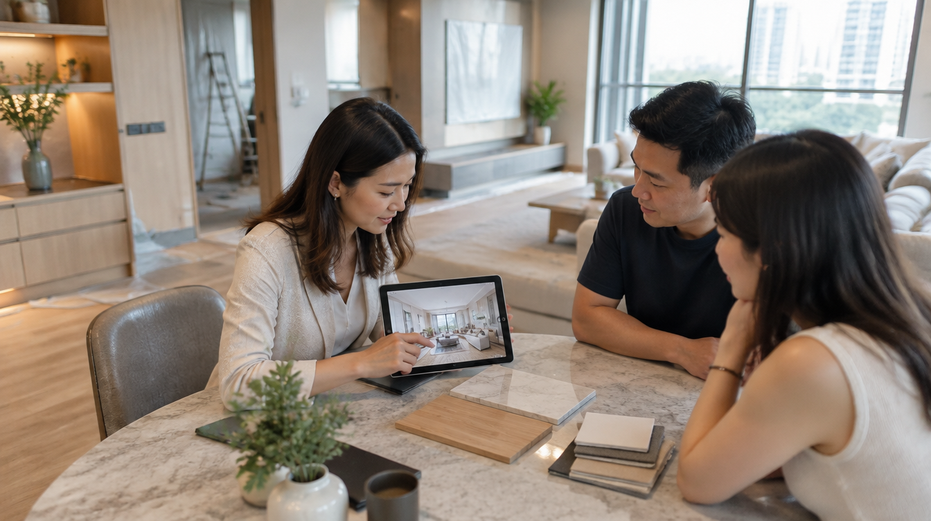 Interior designer showing 3D renderings and material samples to homeowners during a Singapore condo renovation consultation