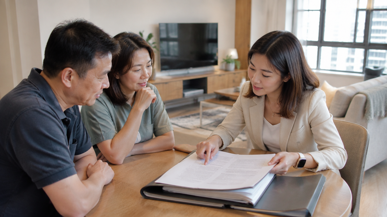 Interior designer explaining a renovation contract and warranty terms to an Asian homeowner couple in a styled Singapore HDB living room