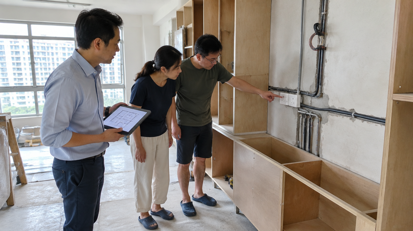 Interior designer and Singapore homeowner couple reviewing a wall socket during a mid-renovation HDB site visit