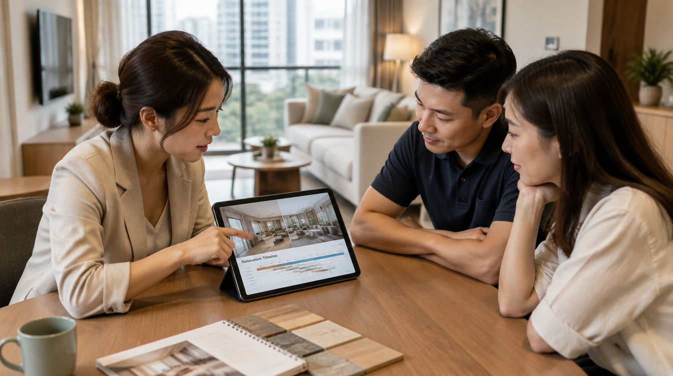 Asian interior designer and homeowner couple reviewing a renovation timeline and 3D rendering in a Singapore condo living room