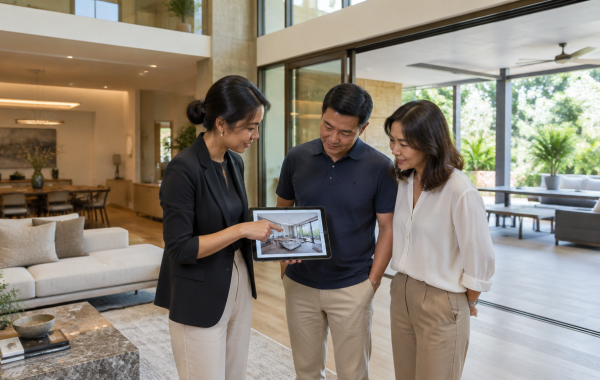 Interior designer showing a 3D rendering on a tablet to an Asian homeowner couple in a renovated Singapore bungalow living space with a double-volume ceiling