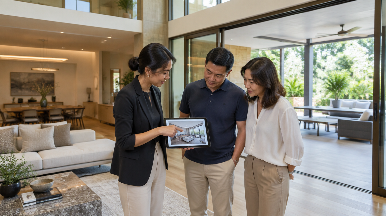 Interior designer showing a 3D rendering on a tablet to an Asian homeowner couple in a renovated Singapore bungalow living space with a double-volume ceiling