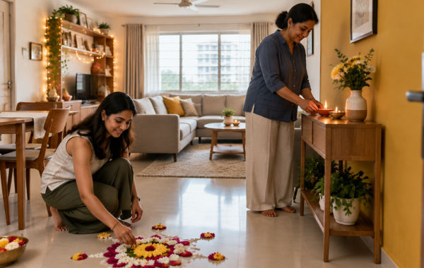 Indian Singaporean mother and daughter preparing a Deepavali home refresh with an oil lamp, rangoli and festive lighting in a Singapore living room
