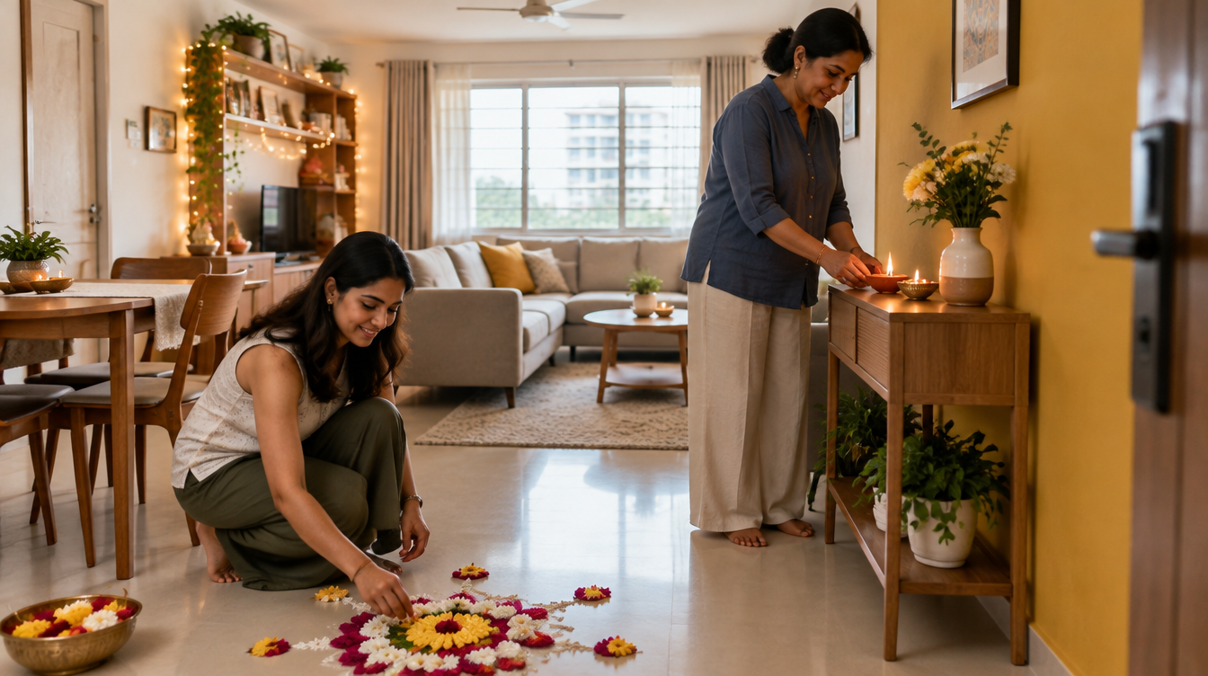 Indian Singaporean mother and daughter preparing a Deepavali home refresh with an oil lamp, rangoli and festive lighting in a Singapore living room