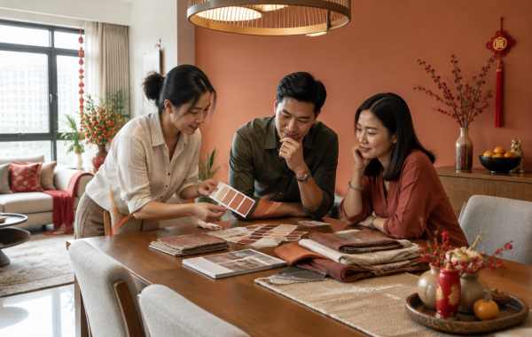 Asian interior designer reviewing paint swatches and fabric samples with a homeowner couple in a Singapore dining room styled for Chinese New Year