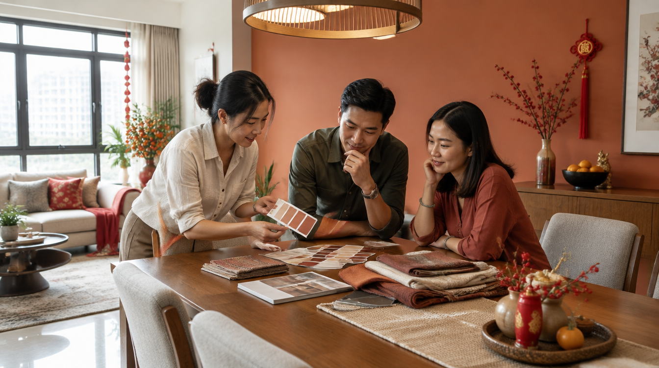 Asian interior designer reviewing paint swatches and fabric samples with a homeowner couple in a Singapore dining room styled for Chinese New Year