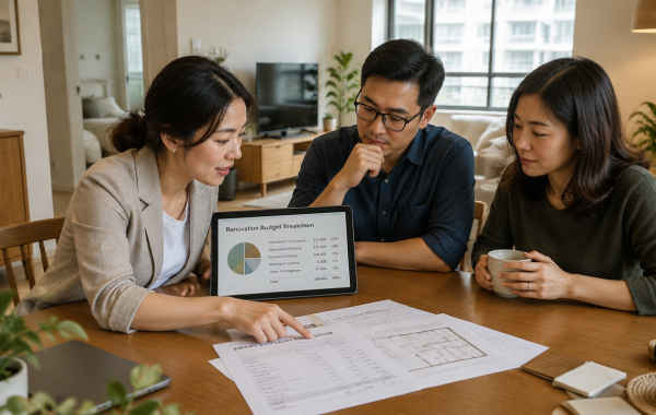 Asian interior designer reviewing an itemised renovation quotation and budget with an Asian homeowner couple in a styled Singapore HDB living and dining space