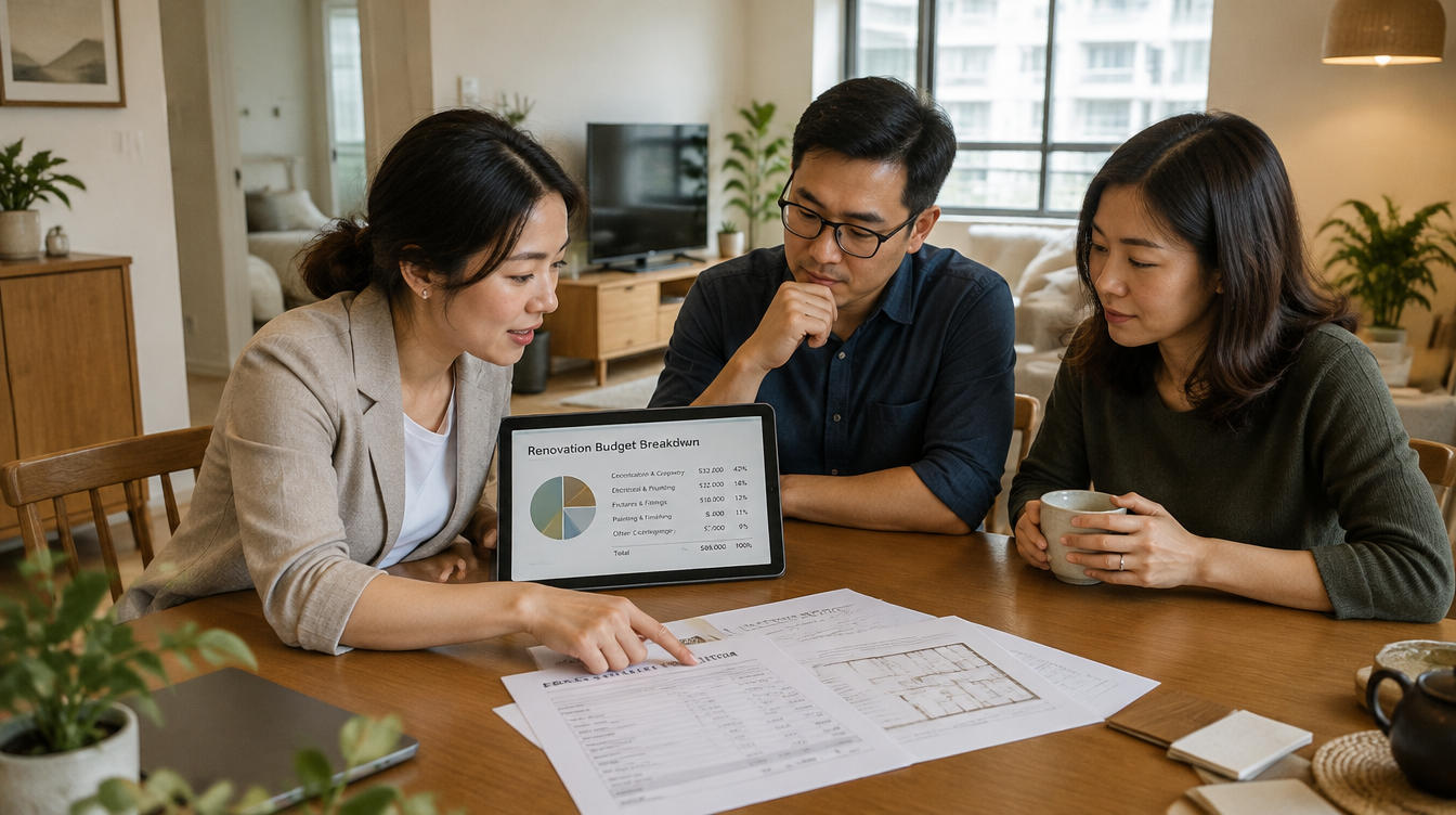 Asian interior designer reviewing an itemised renovation quotation and budget with an Asian homeowner couple in a styled Singapore HDB living and dining space