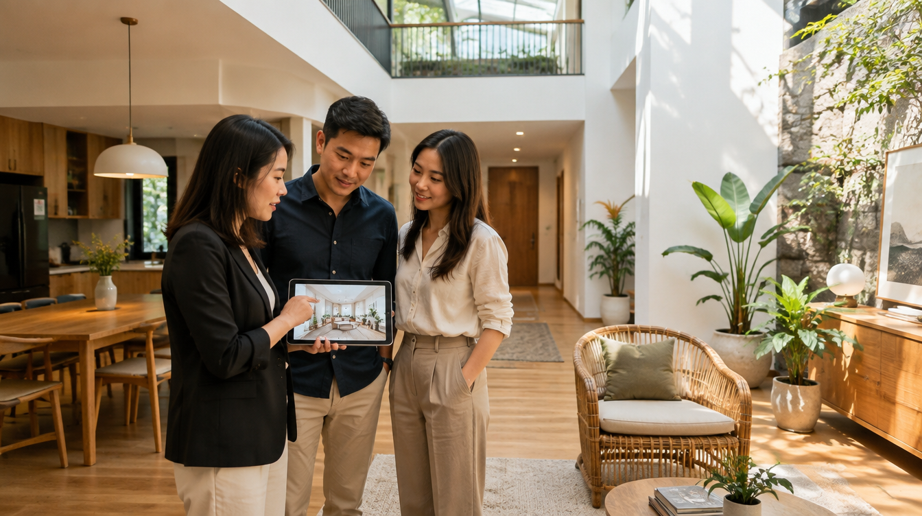 Asian interior designer showing a 3D rendering to a homeowner couple in a renovated Singapore terrace house living area with an air well